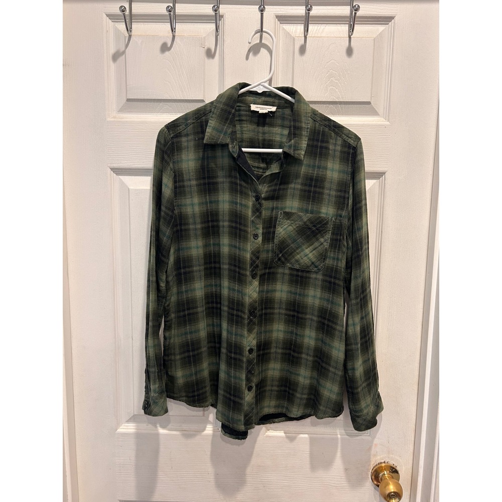 beachlunchlounge Green Double Gauze Plaid Button Up Shirt Womens Medium Gorpcore